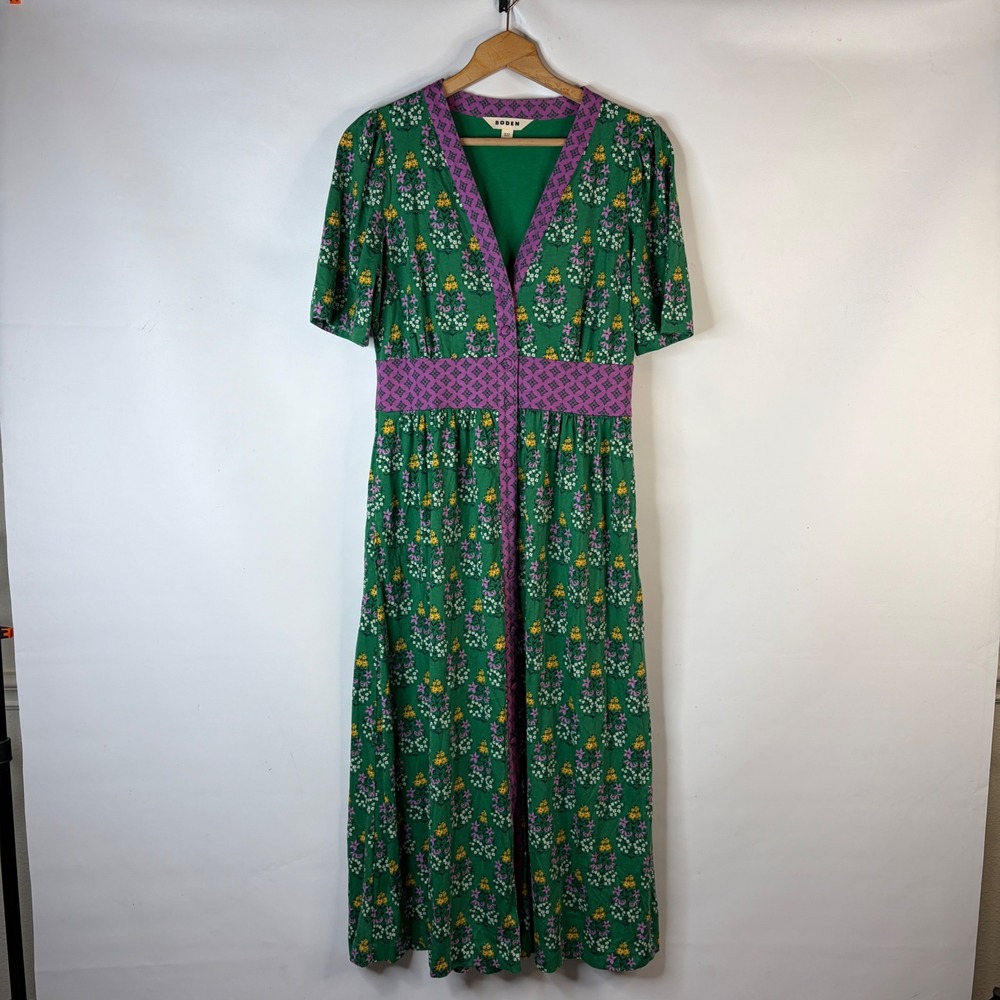 Boden Maxi Dress Womens 8 Green Purple Floral V-Neck Button Front Pockets